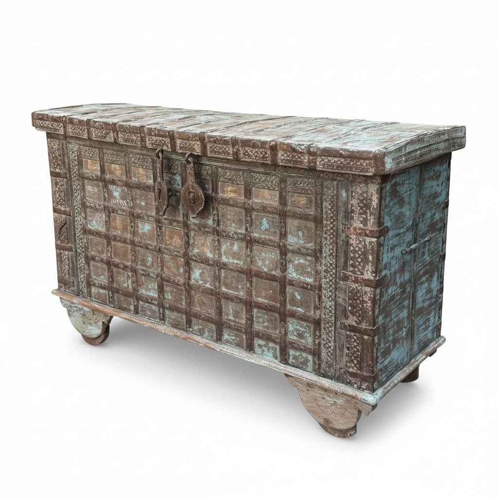 KB ART KB ART Patina Iron-Bound Lattice Storage Chest – Handcrafted Wood & Wrought Iron Jodhpur Rajasthani Decor – Handcrafted Boho Jodhpur Home Decor