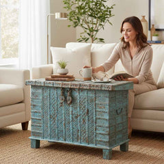 KB ART KB ART Rustic Distressed Blue Iron-Clad Cabinet – Handcrafted Wood & Wrought Iron Jodhpur Rajasthani Decor – Handcrafted Boho Jodhpur Home Decor