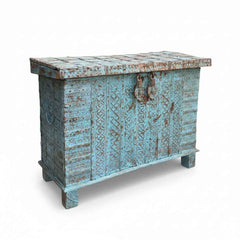 KB ART KB ART Rustic Distressed Blue Iron-Clad Cabinet – Handcrafted Wood & Wrought Iron Jodhpur Rajasthani Decor – Handcrafted Boho Jodhpur Home Decor