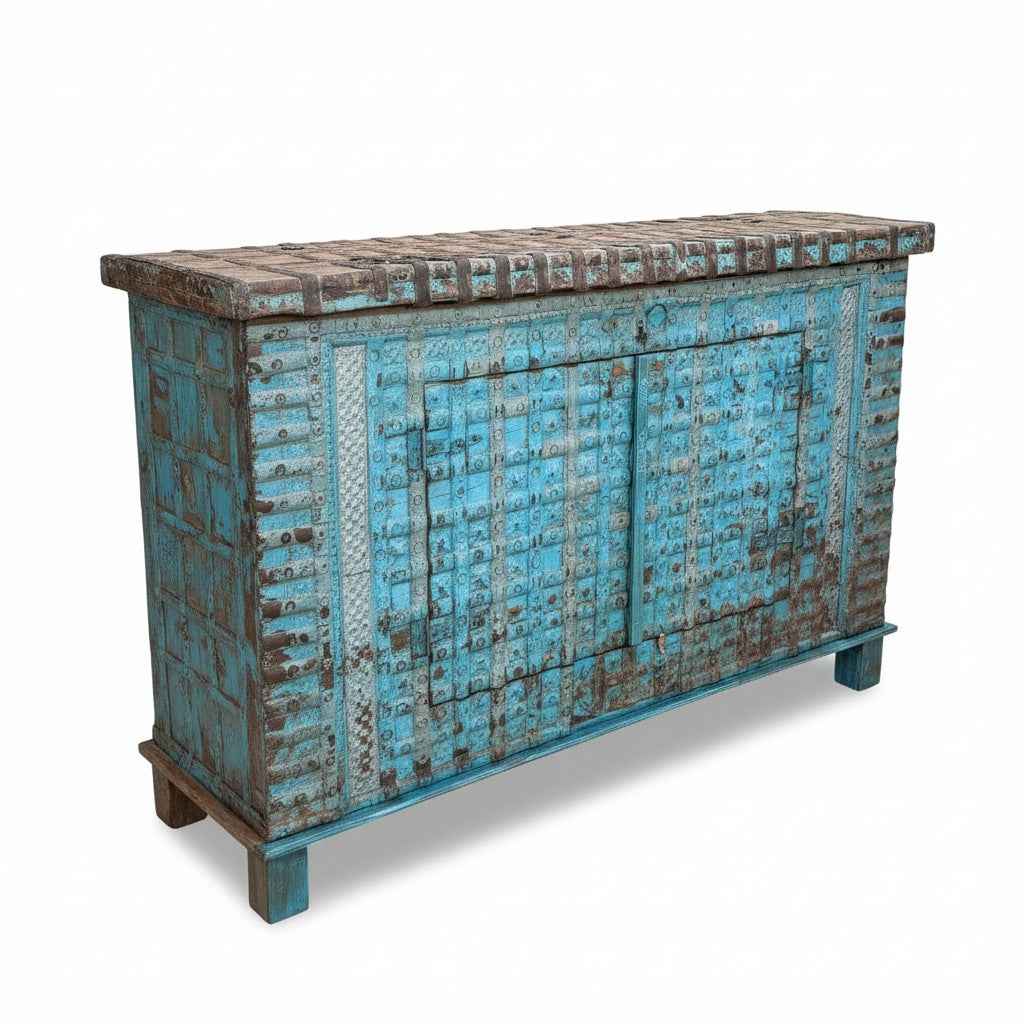 KB ART KB ART Distressed Blue Iron-Clad 2-Door Sideboard – Handcrafted Wood & Wrought Iron Jodhpur Rajasthani Decor – Handcrafted Boho Jodhpur Home Decor
