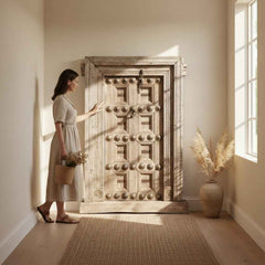 KB ART Antique Brass-Studded Teak Haveli Door – Handcrafted Haveli Antique Door for Home Decor Styling