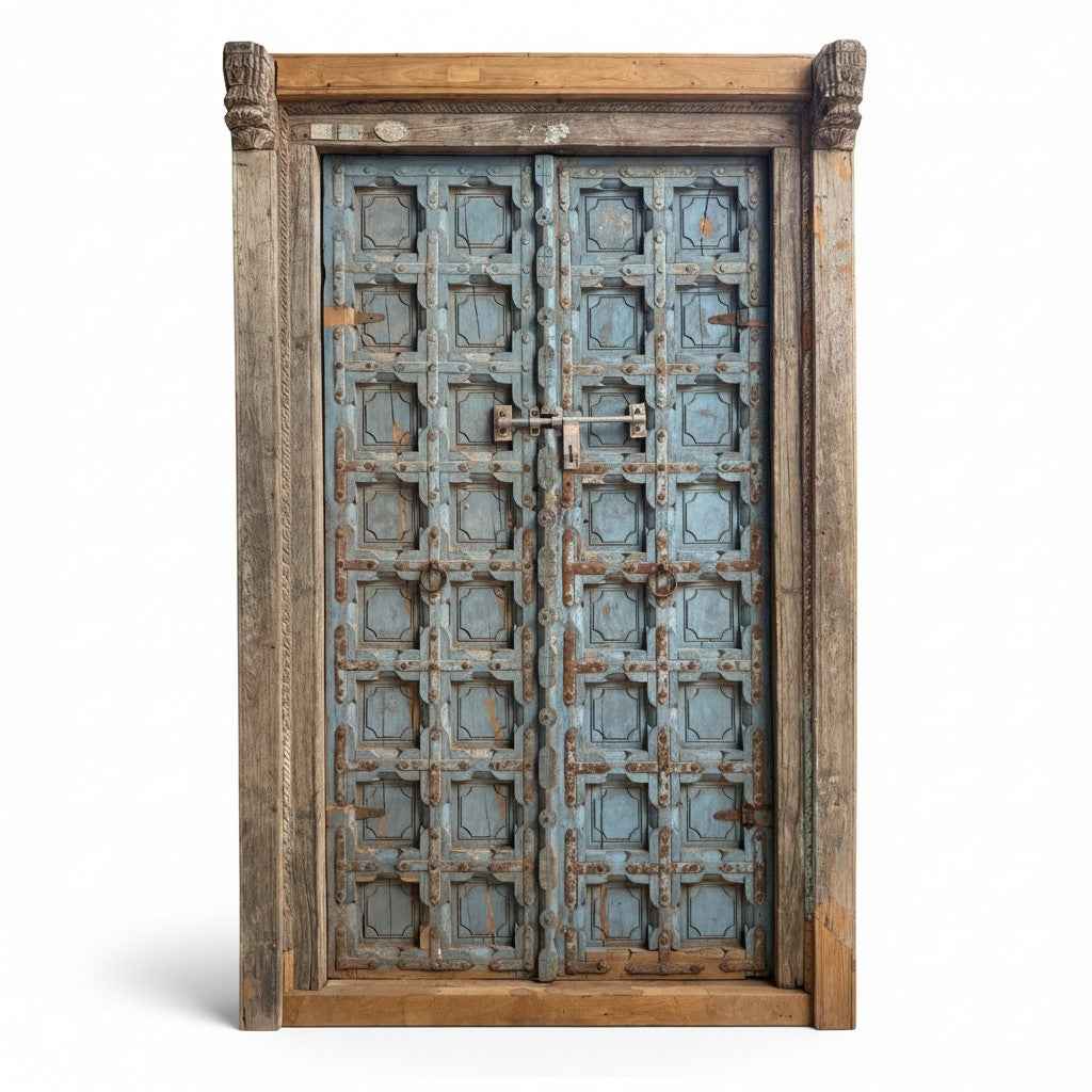 KB ART Distressed Blue Iron-Fitted Haveli Entrance Door – Handcrafted Haveli Antique Door for Home Decor Styling