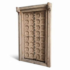 KB ART Light-Washed Grid Panel Teak Door Set – Handcrafted Rajasthani Antique Door Set for Home Decor Styling