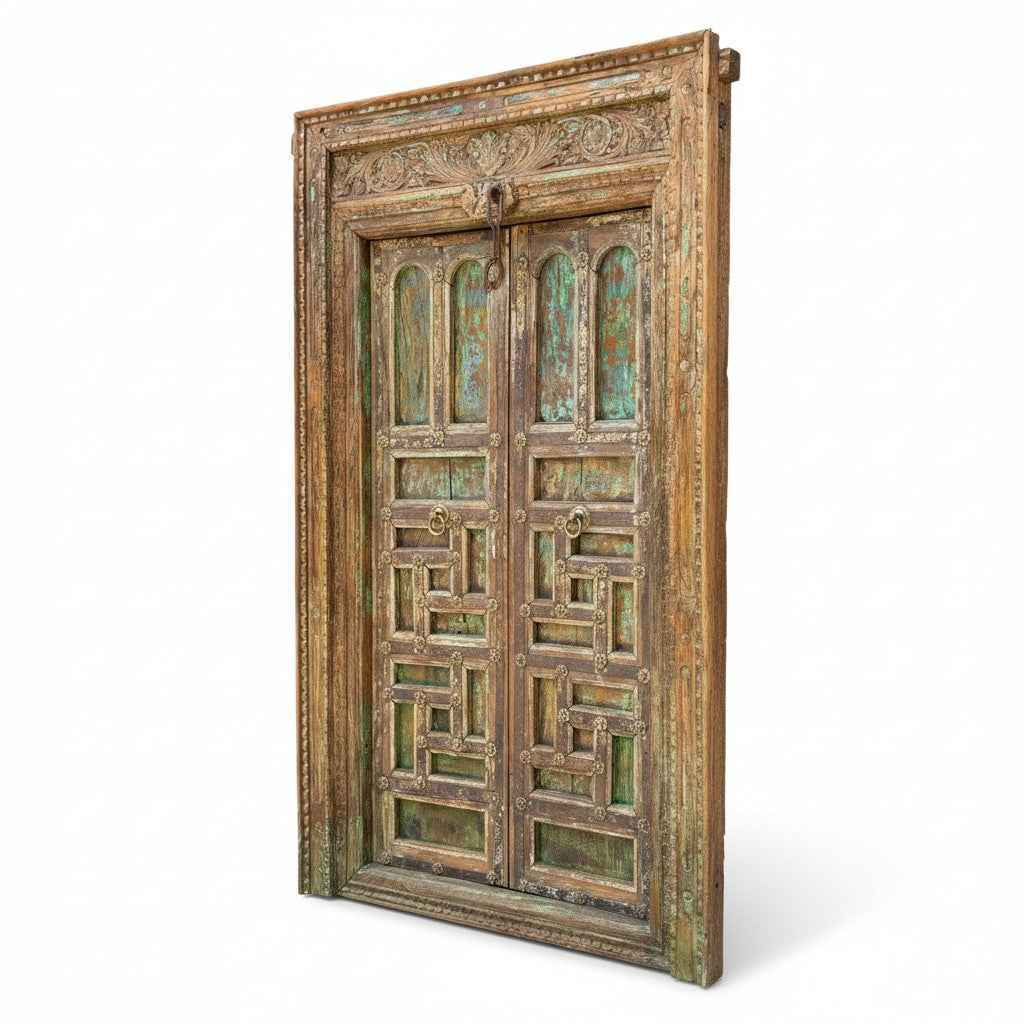 KB ART Rustic Carved Arch-Panel Haveli Door – Handcrafted Rustic Antique Door for Home Decor Styling