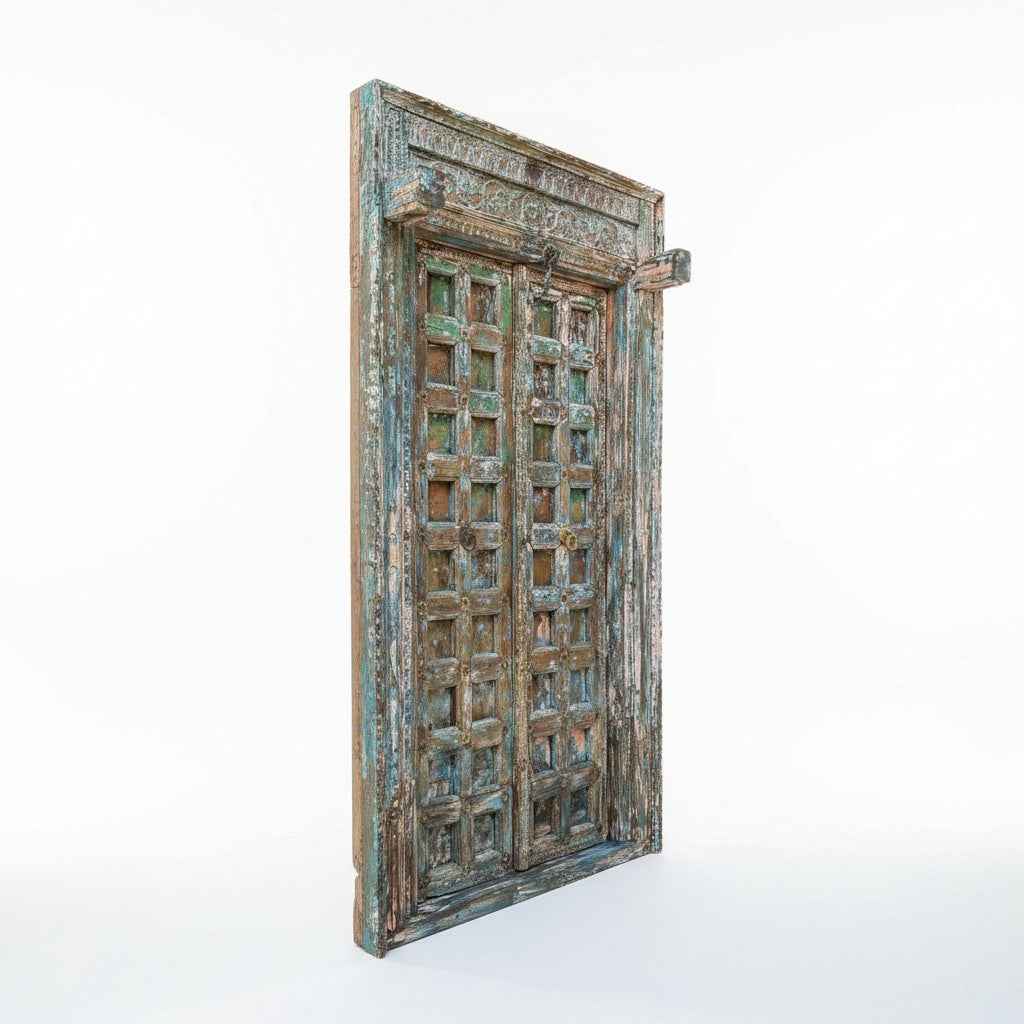 KB ART Chippy Patina Blue Antique Carved Door – Handcrafted Rajasthani Antique Door for Home Decor Styling