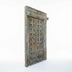 KB ART Chippy Patina Blue Antique Carved Door – Handcrafted Rajasthani Antique Door for Home Decor Styling