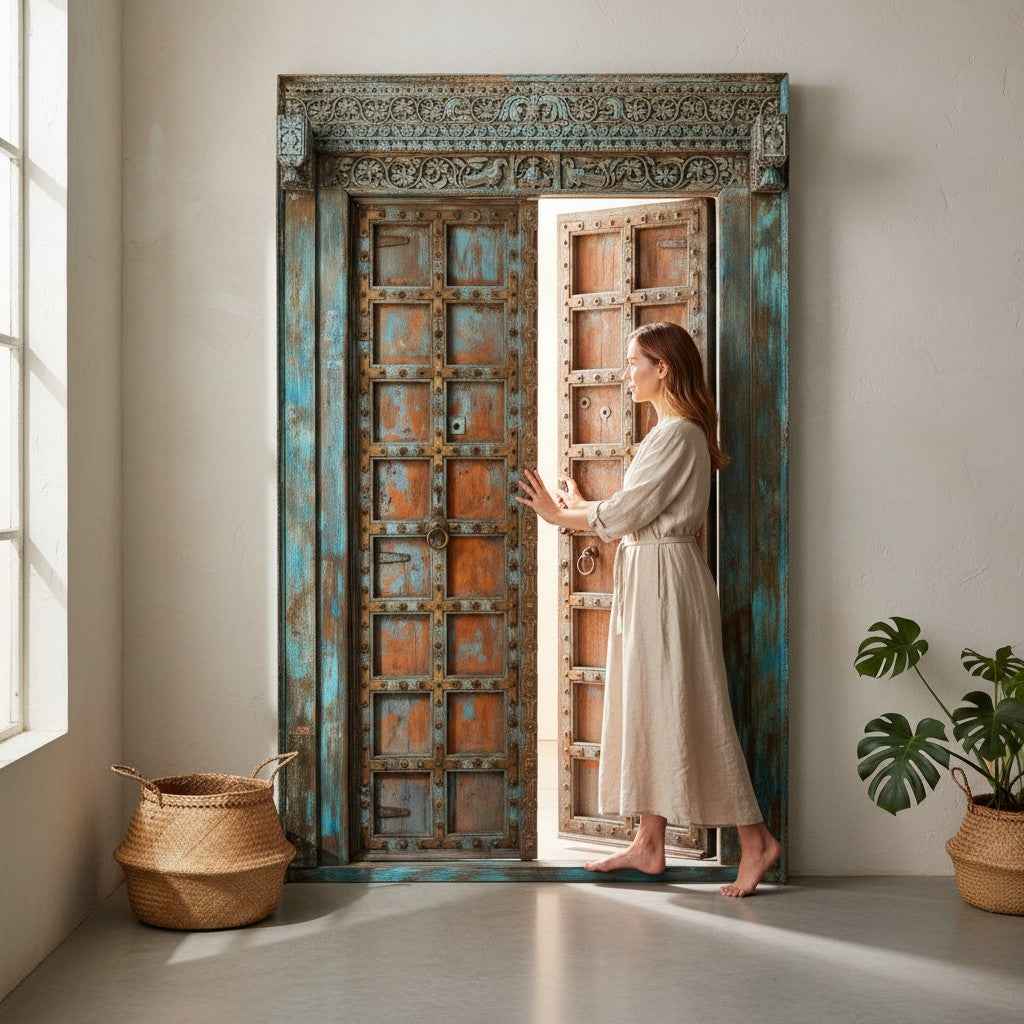 KB ART Weathered Teal Brass-Clad Heritage Door – Handcrafted Heritage Antique Door for Home Decor Styling