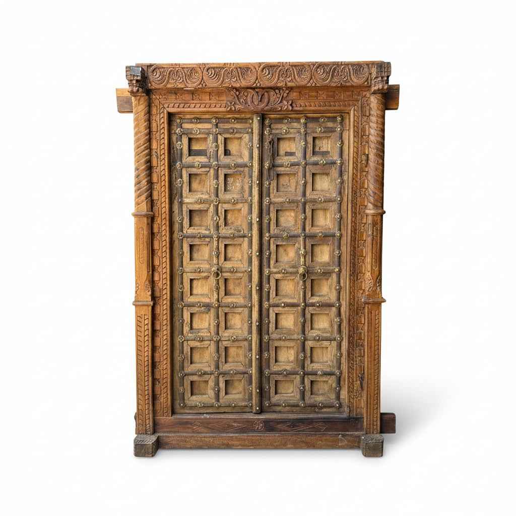 KB ART Solid Teak Brass-Studded Carved Pillar Door – Handcrafted Rajasthani Antique Door for Home Decor Styling