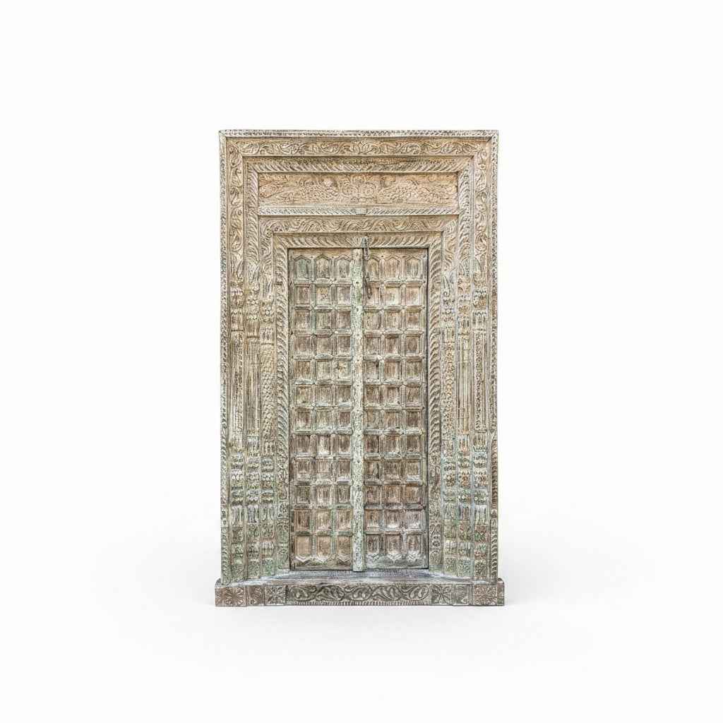 KB ART Ornate Whitewashed Architectural Carved Temple Door – Handcrafted Rajasthani Antique Door for Home Decor Styling
