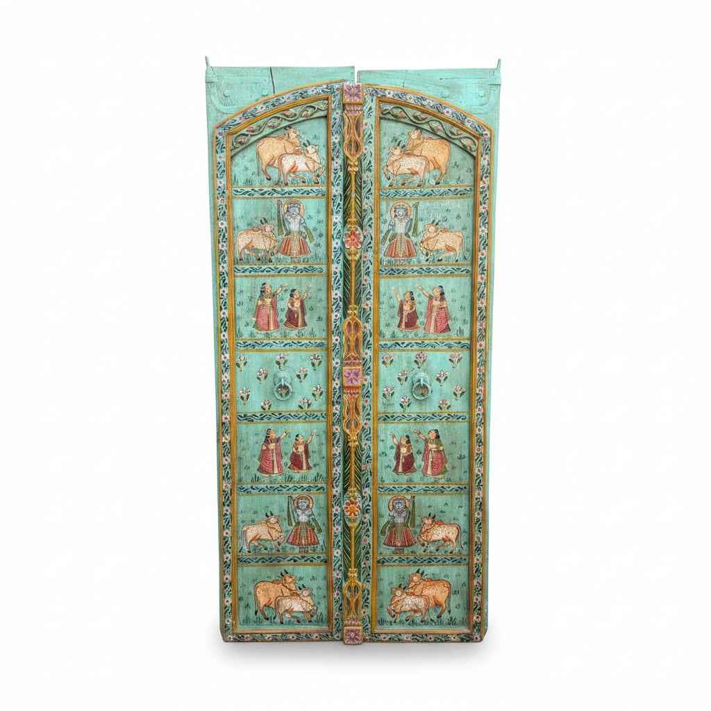 KB ART Hand-Painted Mint Green Cow Gopala Pichwai Door Panels – Handcrafted Rajasthani Jodhpur Home Decor