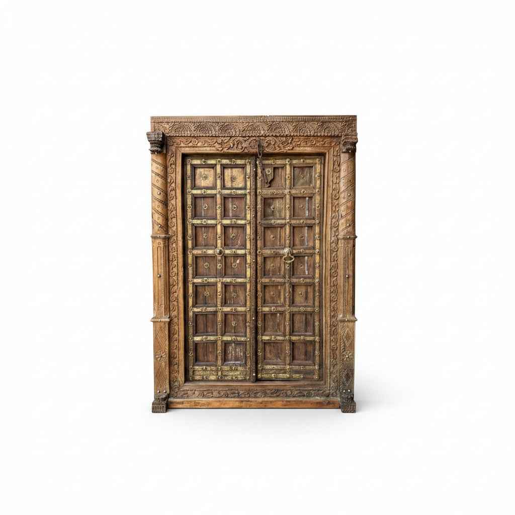 KB ART Solid Teak Brass-Studded Carved Pillar Door - Design II – Handcrafted Rajasthani Jodhpur Home Decor