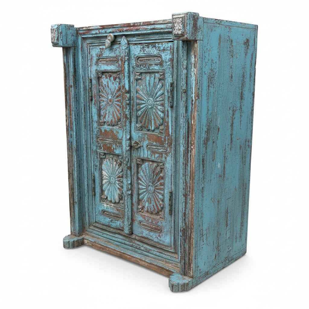 KB ART Distressed Blue Sunburst Carved Door Armoire – Handcrafted Rajasthani Antique Armoire for Home Decor Styling