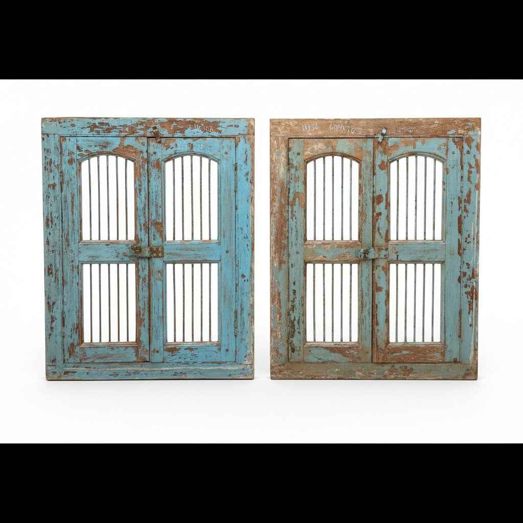 KB ART Distressed Blue Wooden Jali Shutter Windows (Pair) – Handcrafted Rajasthani Jodhpur Home Decor