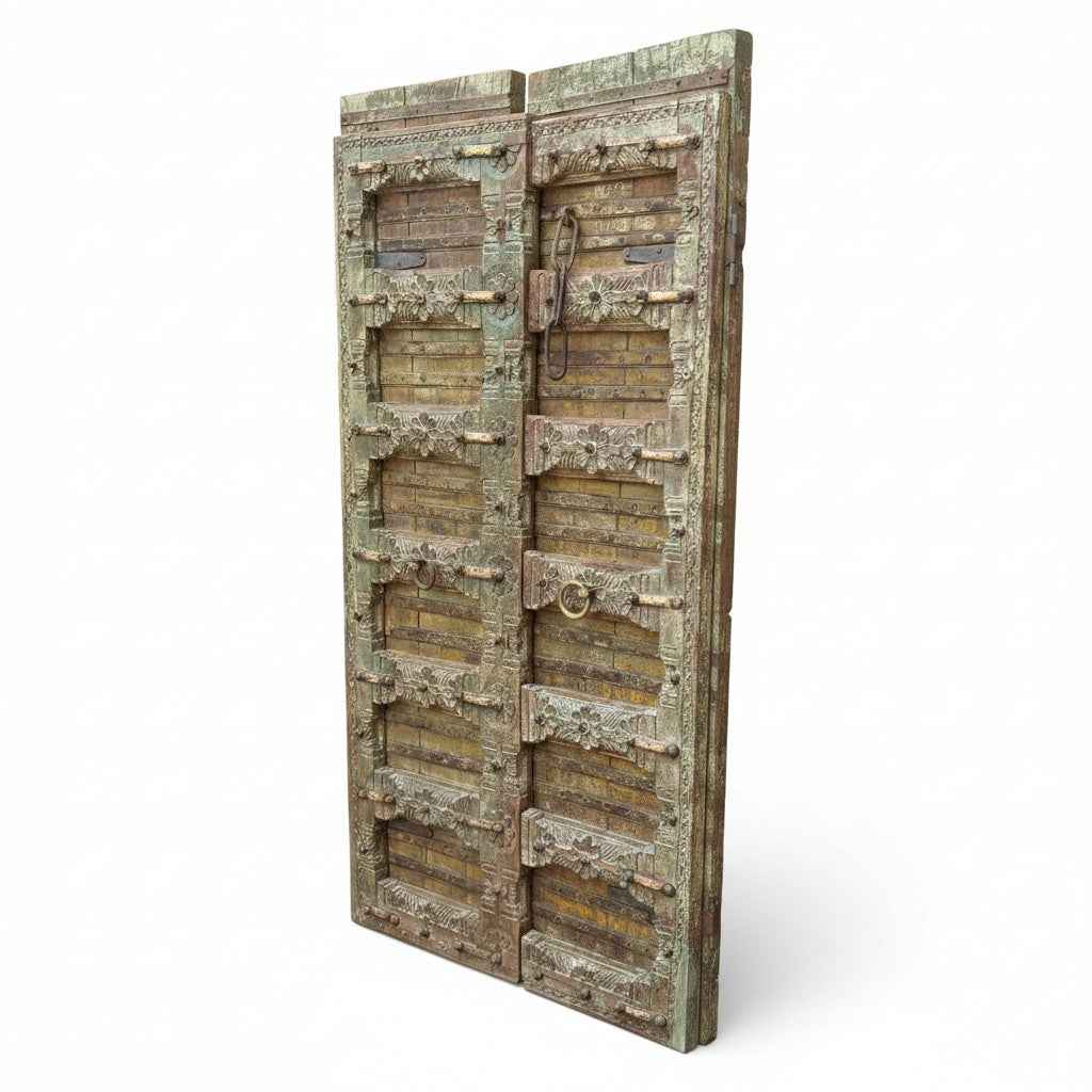 KB ART Ornate Carved Distressed Green Haveli Door – Handcrafted Haveli Antique Door for Home Decor Styling