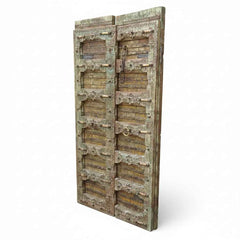 KB ART Ornate Carved Distressed Green Haveli Door – Handcrafted Haveli Antique Door for Home Decor Styling