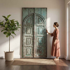 KB ART Arched-Panel Patina Turquoise Wooden Door – Handcrafted Rajasthani Antique Door for Home Decor Styling