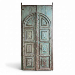 KB ART Arched-Panel Patina Turquoise Wooden Door – Handcrafted Rajasthani Antique Door for Home Decor Styling