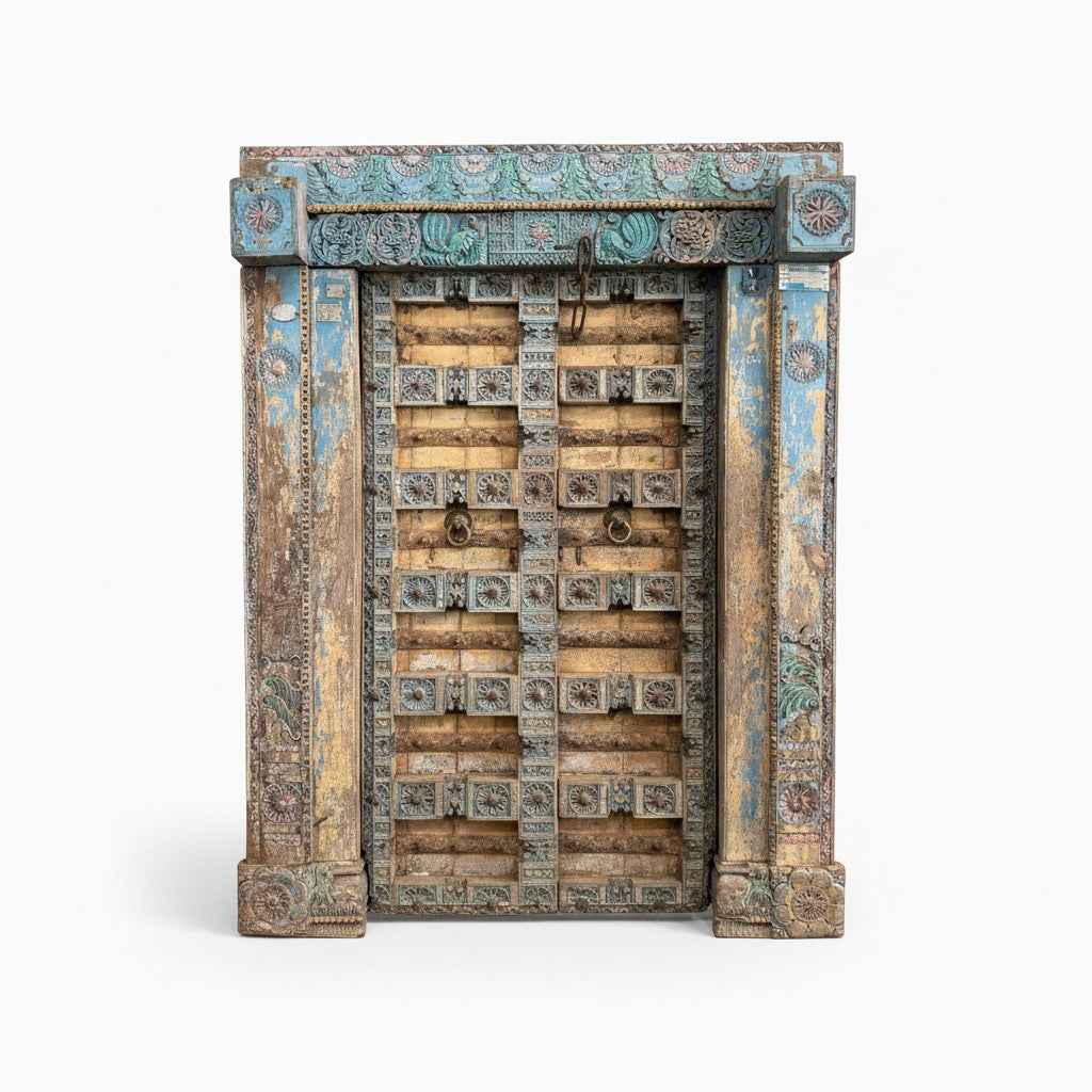 KB ART Ornate Blue Carved Wooden Temple Door – Handcrafted Rajasthani Antique Door for Home Decor Styling