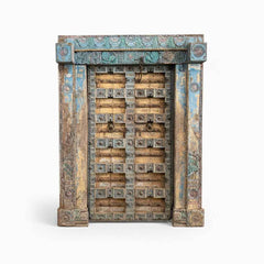 KB ART Ornate Blue Carved Wooden Temple Door – Handcrafted Rajasthani Antique Door for Home Decor Styling