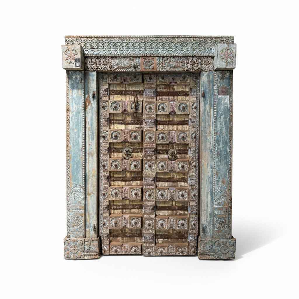 KB ART Weathered Blue Carved Architectural Haveli Door – Handcrafted Haveli Antique Door for Home Decor Styling