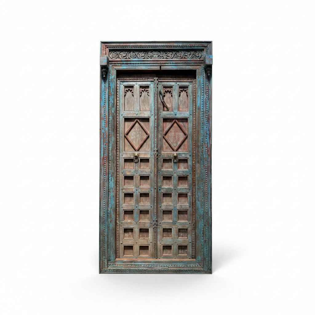 KB ART Distressed Blue Frame Diamond Lattice Door – Handcrafted Rajasthani Antique Door for Home Decor Styling