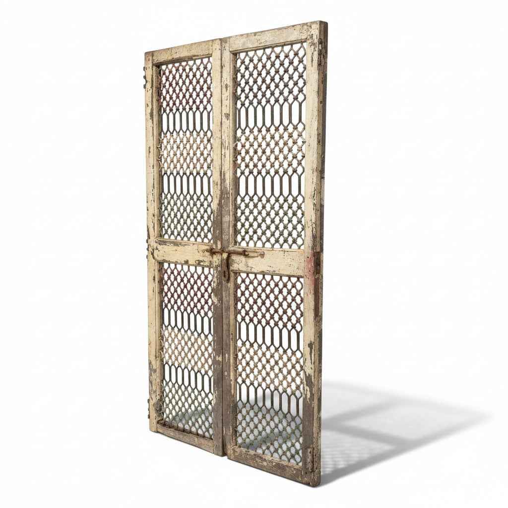 KB ART Distressed White Wrought Iron Jali Door – Handcrafted Rajasthani Antique Door for Home Decor Styling