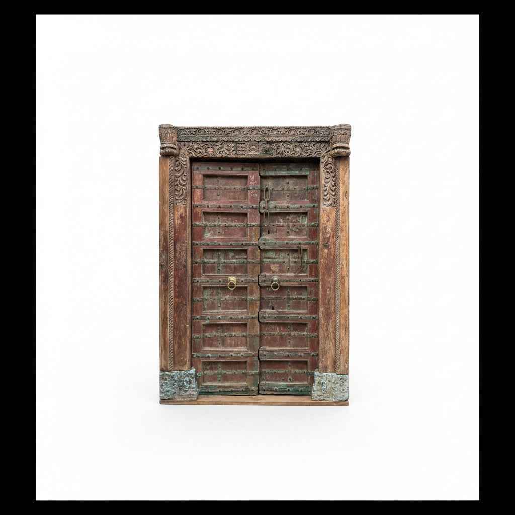 KB ART Rustic Carved Wooden Door Frame with Brass Fittings – Handcrafted Rustic Jodhpur Home Decor