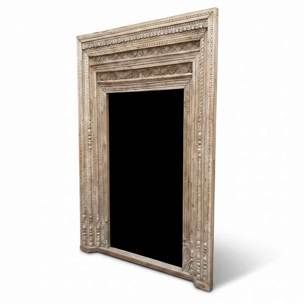 KB ART Whitewashed Architectural Carved Mirror Frame – Handcrafted Rajasthani Antique Mirror Frame for Home Decor Styling
