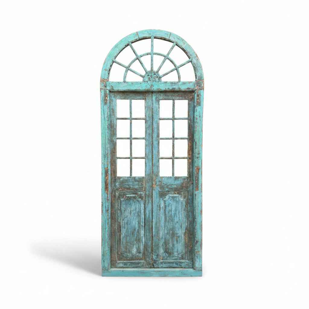 KB ART Distressed Turquoise Arched Transom Window Door – Handcrafted Rajasthani Antique Door for Home Decor Styling