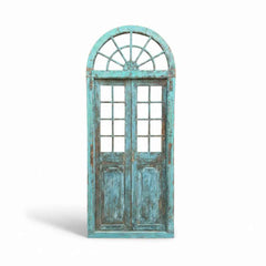 KB ART Distressed Turquoise Arched Transom Window Door – Handcrafted Rajasthani Antique Door for Home Decor Styling