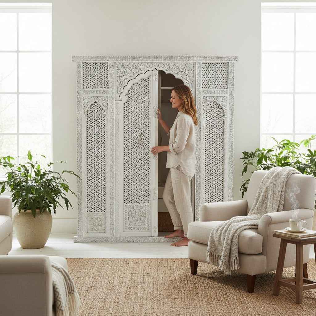 KB ART Hand-Painted Floral White Distressed Wooden Door – Handcrafted Rajasthani Antique Door for Home Decor Styling