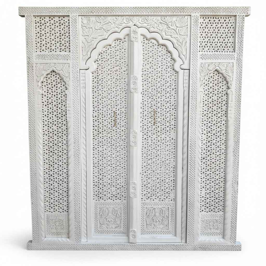KB ART Hand-Painted Floral White Distressed Wooden Door – Handcrafted Rajasthani Antique Door for Home Decor Styling