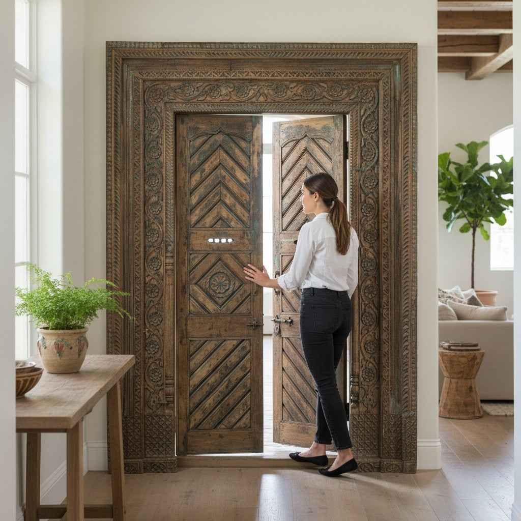 KB ART Classic Teak Carved Panel Double Door Frame - Design II – Handcrafted Rajasthani Jodhpur Home Decor