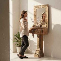 KB ART Bleached White Carved Standing Solid Wood Floor & Vanity Mirror – Handcrafted Rajasthani Jodhpur Home Decor
