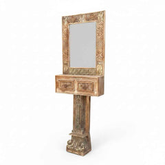 KB ART Bleached White Carved Standing Solid Wood Floor & Vanity Mirror – Handcrafted Rajasthani Jodhpur Home Decor