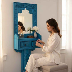 KB ART Vibrant Blue Carved Pedestal Solid Wood Floor Mirror – Handcrafted Rajasthani Jodhpur Home Decor