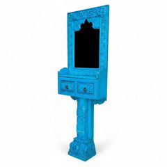 KB ART Vibrant Blue Carved Pedestal Solid Wood Floor Mirror – Handcrafted Rajasthani Jodhpur Home Decor