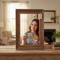 KB ART Natural Teak Rustic Carved Teak Wood Wall Mirror – Handcrafted Rustic Jodhpur Home Decor