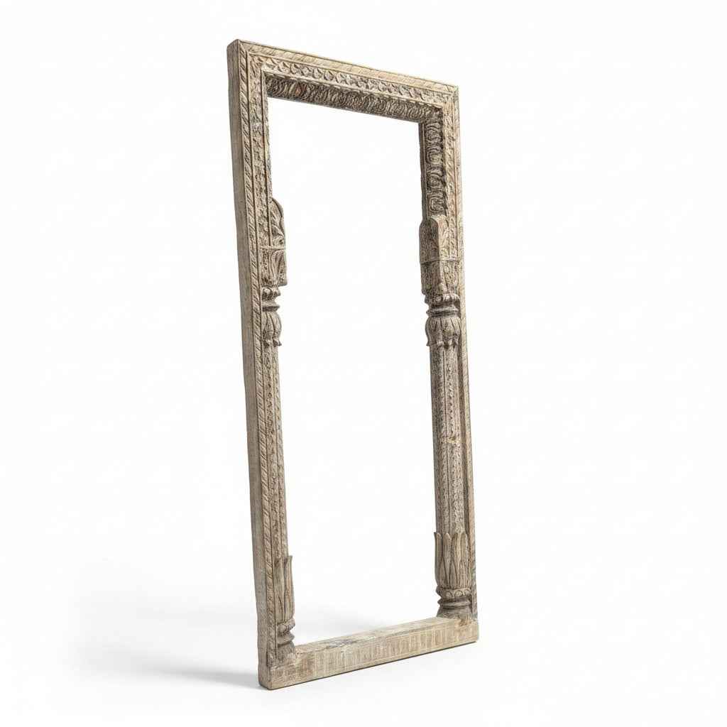 KB ART Whitewashed Carved Pillar Solid Wood Floor Mirror – Handcrafted Rajasthani Jodhpur Home Decor