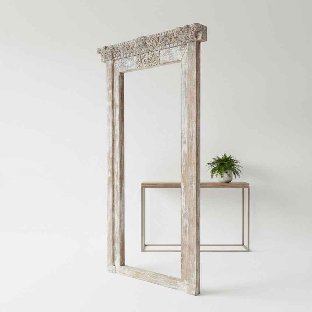 KB ART Whitewashed Architectural Haveli Solid Wood Door-Style Wall Mirror – Handcrafted Haveli Jodhpur Home Decor
