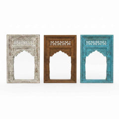 KB ART Natural Wood Jharokha Carved Solid Wood Wall Mirror Set – Handcrafted Rajasthani Jodhpur Home Decor