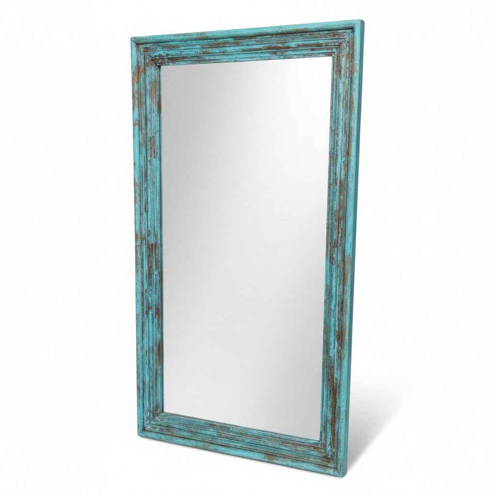 KB ART Weathered Turquoise Weathered Molded Solid Wood Floor Mirror – Handcrafted Rajasthani Jodhpur Home Decor