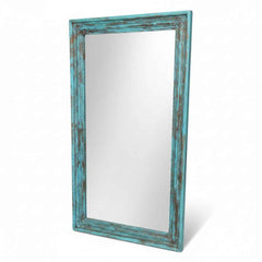KB ART Weathered Turquoise Weathered Molded Solid Wood Floor Mirror – Handcrafted Rajasthani Jodhpur Home Decor