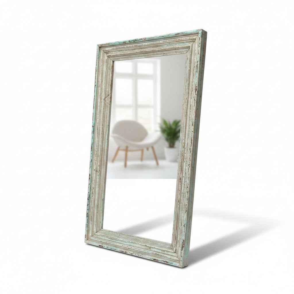 KB ART Teal & Whitewash Chippy Standing Solid Wood Floor Mirror – Handcrafted Rajasthani Jodhpur Home Decor
