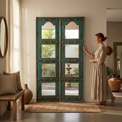KB ART Distressed Teal Distressed Iron-Studded Solid Wood & Iron Door-Style Mirror Pair – Handcrafted Rajasthani Jodhpur Home Decor