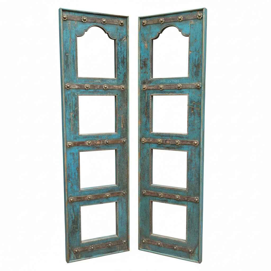 KB ART Distressed Teal Distressed Iron-Studded Solid Wood & Iron Door-Style Mirror Pair – Handcrafted Rajasthani Jodhpur Home Decor