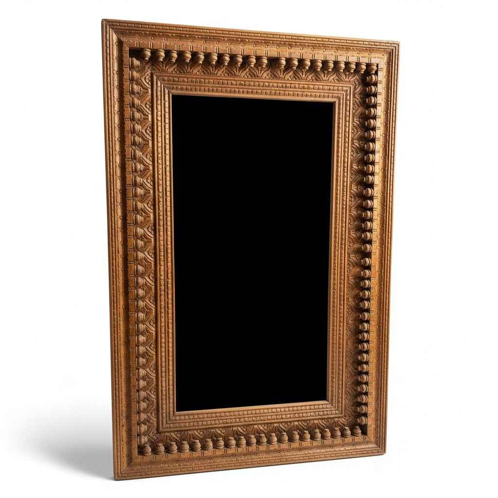 KB ART Natural Teak Bobbin Beaded Carved Teak Wood Wall Mirror – Handcrafted Rajasthani Jodhpur Home Decor