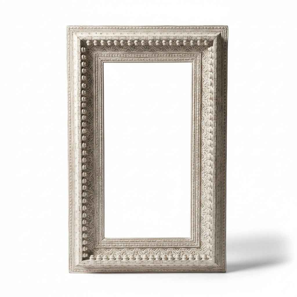 KB ART Whitewashed Ornate Bobbin Beaded Solid Wood Wall Mirror – Handcrafted Rajasthani Jodhpur Home Decor