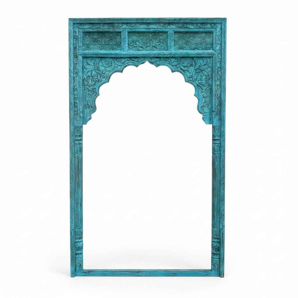 KB ART Vibrant Turquoise Carved Jharokha Solid Wood Wall Mirror – Handcrafted Rajasthani Jodhpur Home Decor