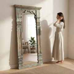 KB ART Distressed Blue Architectural Pillar Solid Wood Floor Mirror – Handcrafted Rajasthani Jodhpur Home Decor